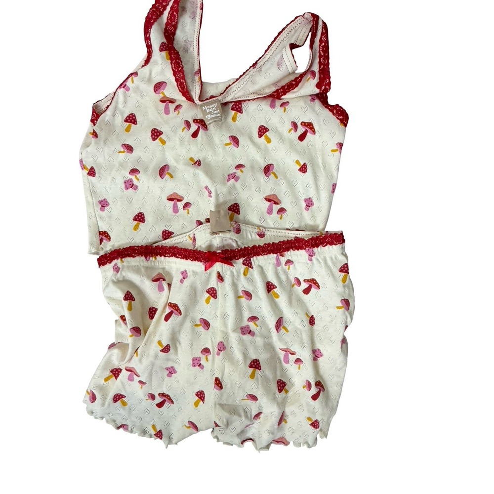 Messy Bun Mushroom Print Lace Trim Sleep Shorts Tank Pajama Set Women's M new